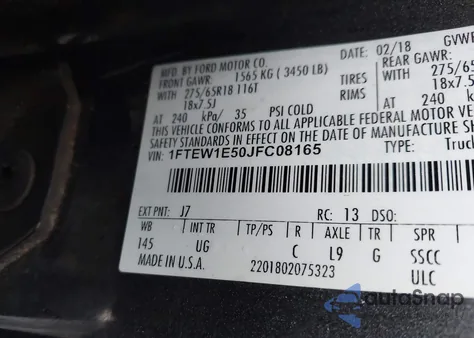 2018 Ford F-150 Xlt из США, поврежденный, VIN 1FTEW1E50JFC08165